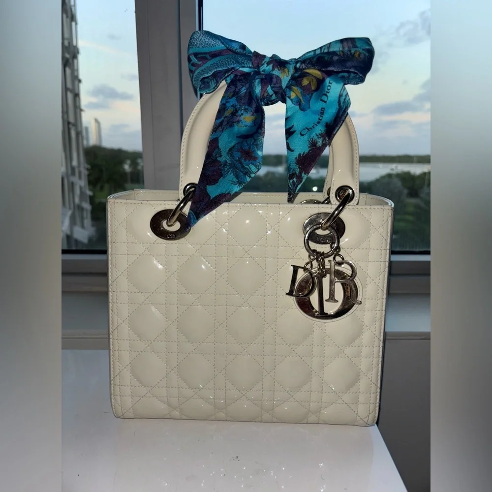 Authentic Christian Lady Dior White Handbag with Christian Dior blue Twilly